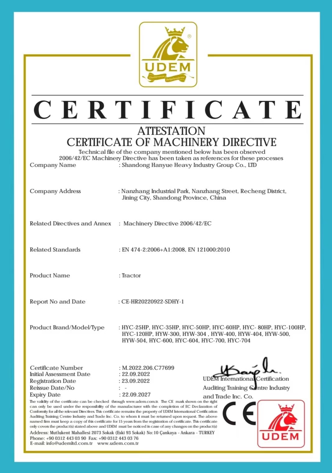 Chine Shandong Hanyue Heavy Industry Group Co., Ltd. Certifications