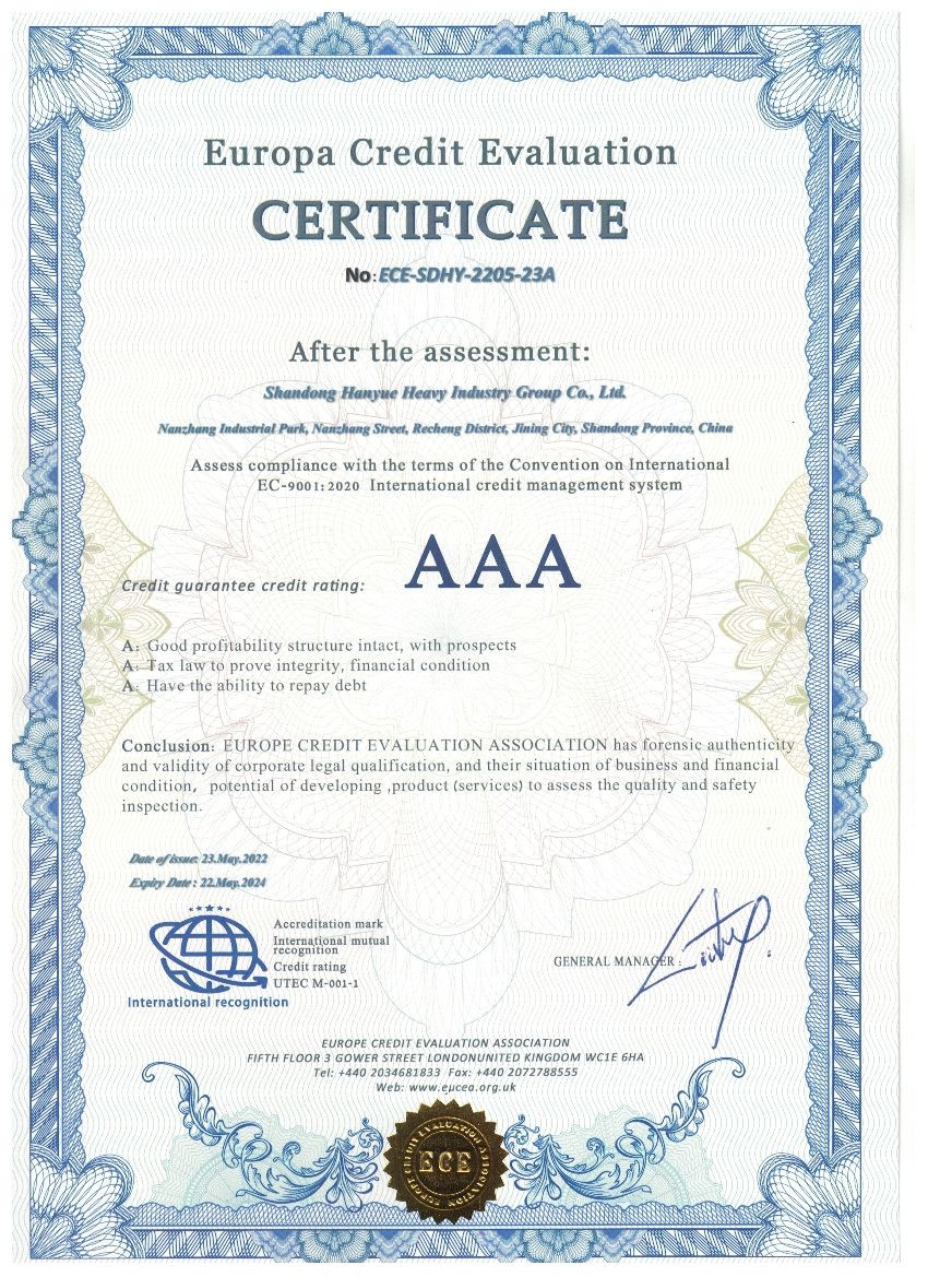 Chine Shandong Hanyue Heavy Industry Group Co., Ltd. Certifications